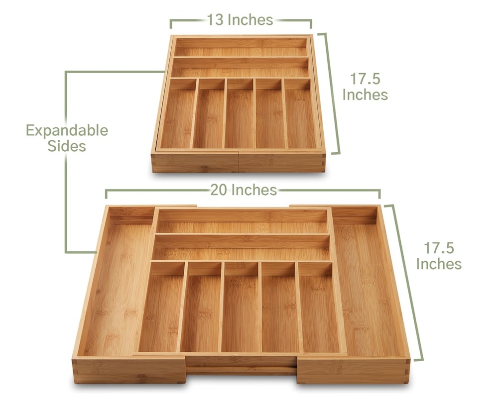 Large Premium Bamboo Silverware Organizer - Expandable